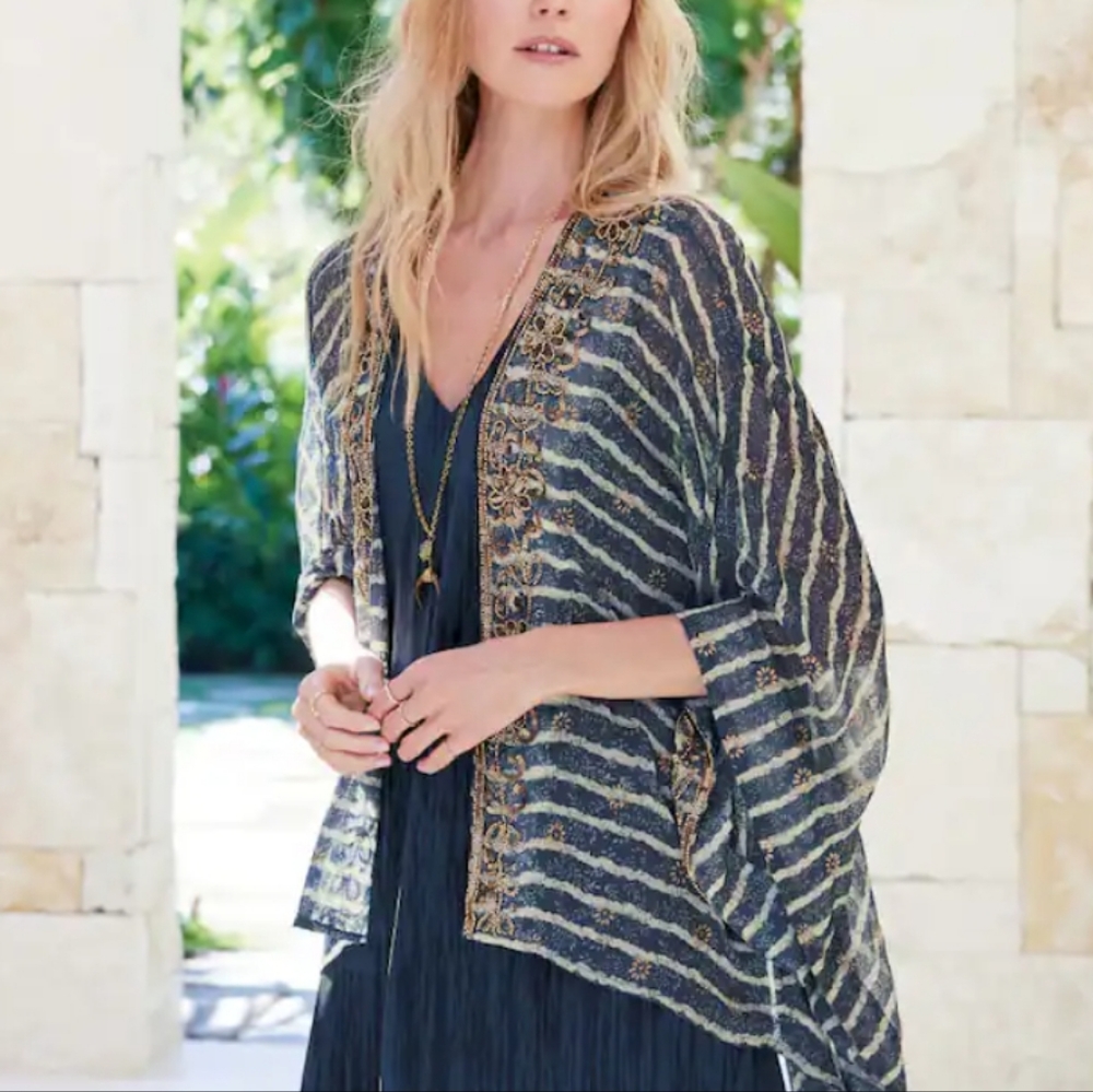 Soft Surroundings Blue Gold Beaded Boho Light Flowy Fall Kimono Sweater One Size
